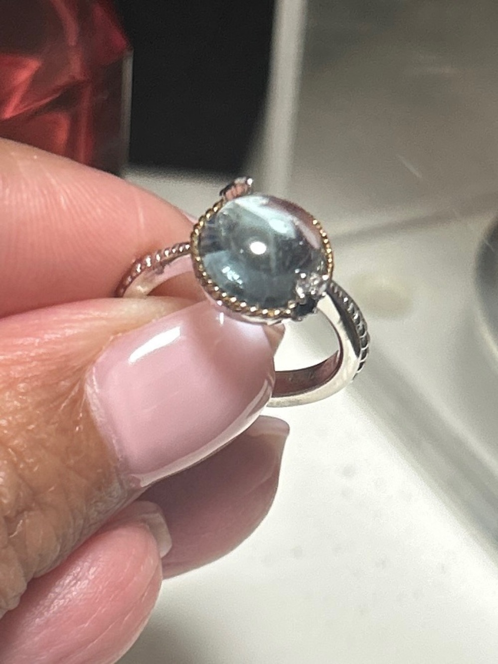 Andrea Candela Silver Ring w Blue-Green Cabochon and Gold Accents.